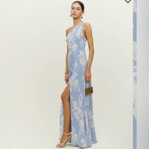 Reformation Evelyn Dress in Aliso White Blue Floral Maxi One Shoulder Gown 0